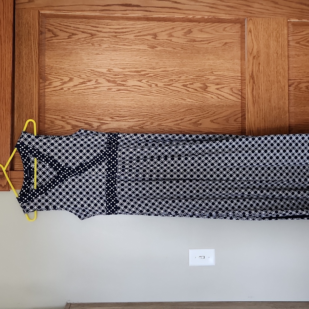 Lands End L maxi sleeveless dress navy and white classic